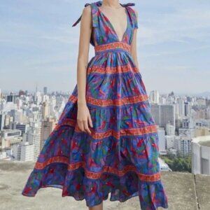 Farm Rio Blue Macaw Flight Tiered Midi Dress